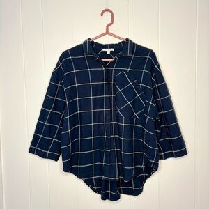 LUNYA Navy Blue Windowpane Flannel Shirt Cropped Boxy Fit Loungewear Size XS/S